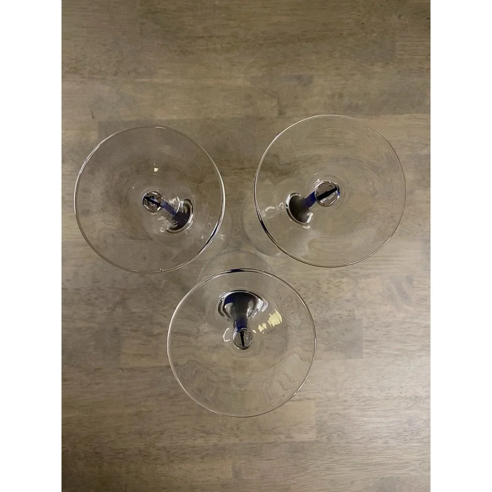 3 PIER 1 Hand-Blown Clear Water Wine Glasses Blue Tear Drop Stem Accent 8 5/8